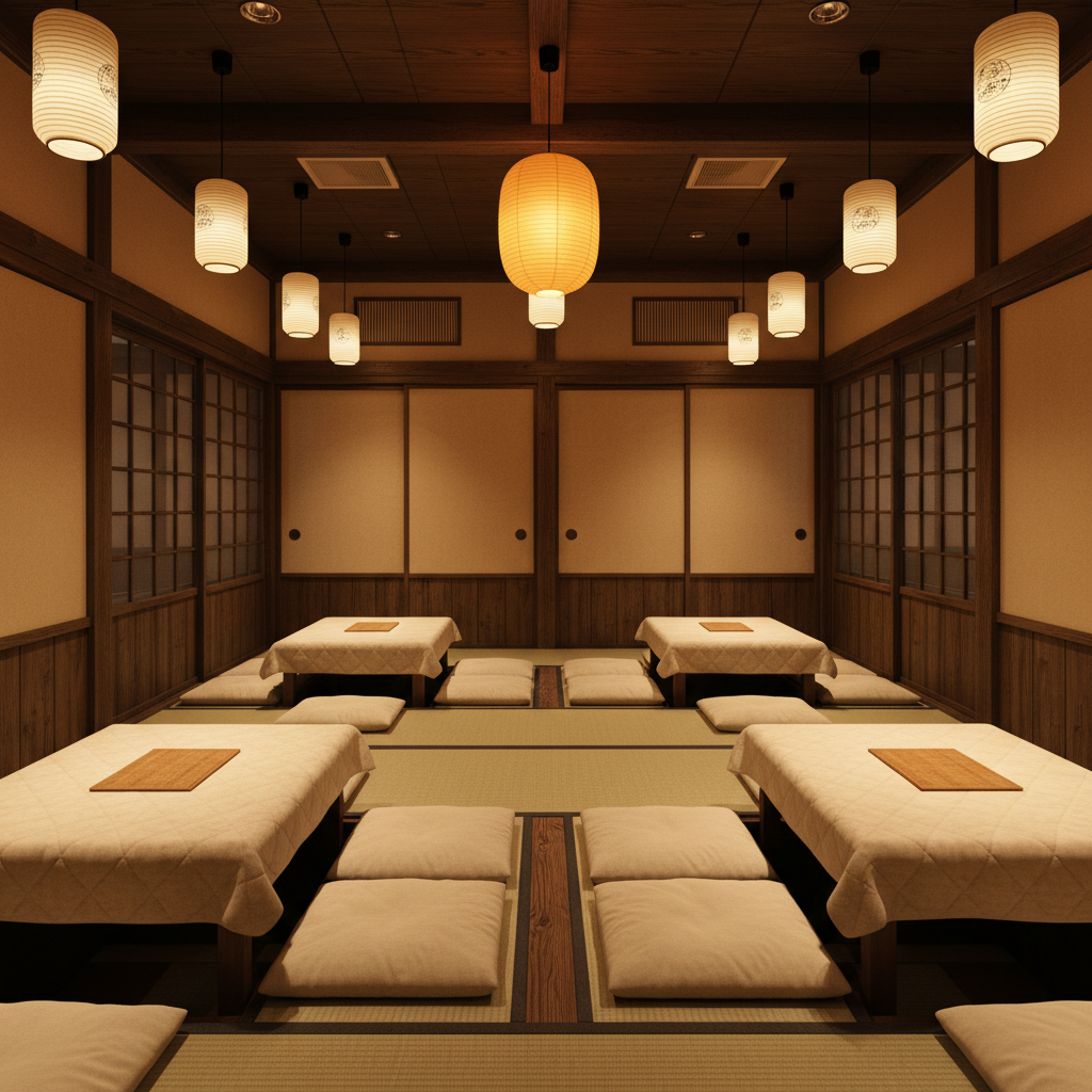 A calm cedar-and-kotatsu interior of floor seats